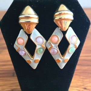 Vtg Gold & Pastel Enamel Geometric Doorknocker Earrings